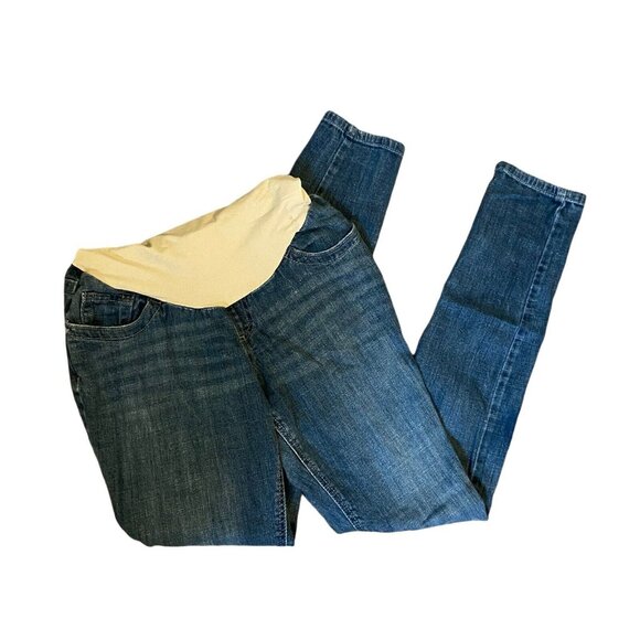 Indigo Blue Maternity Womens Jeans Distressed Blue Small Full Panel Band Beige - Picture 1 of 15